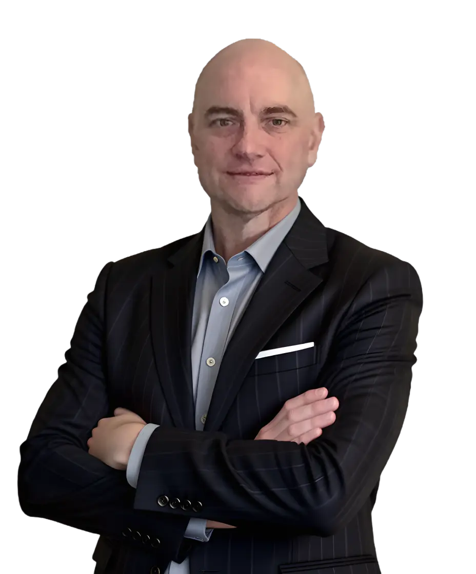 Image of Jim Mucci Head and SHoulders in Dark Pin Stripped Suit with Arms Folded.